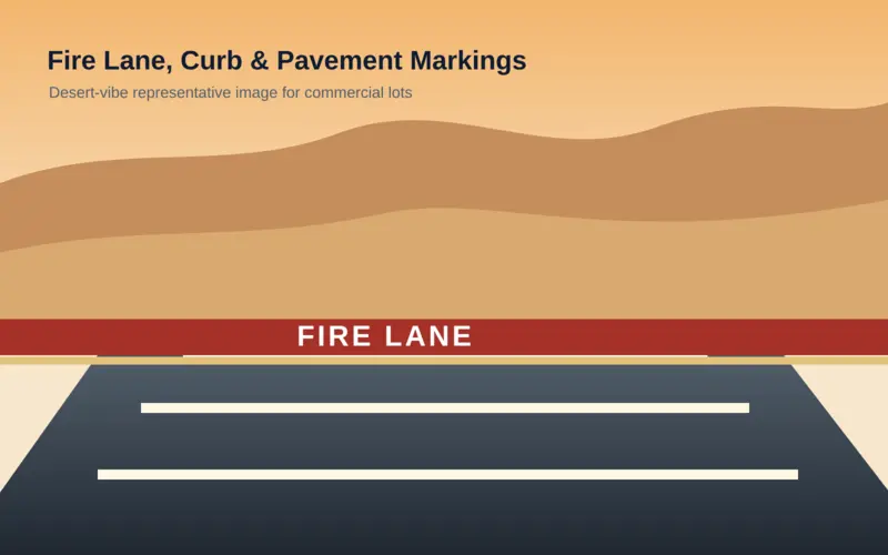 Representative fire lane curb marking on a desert commercial property